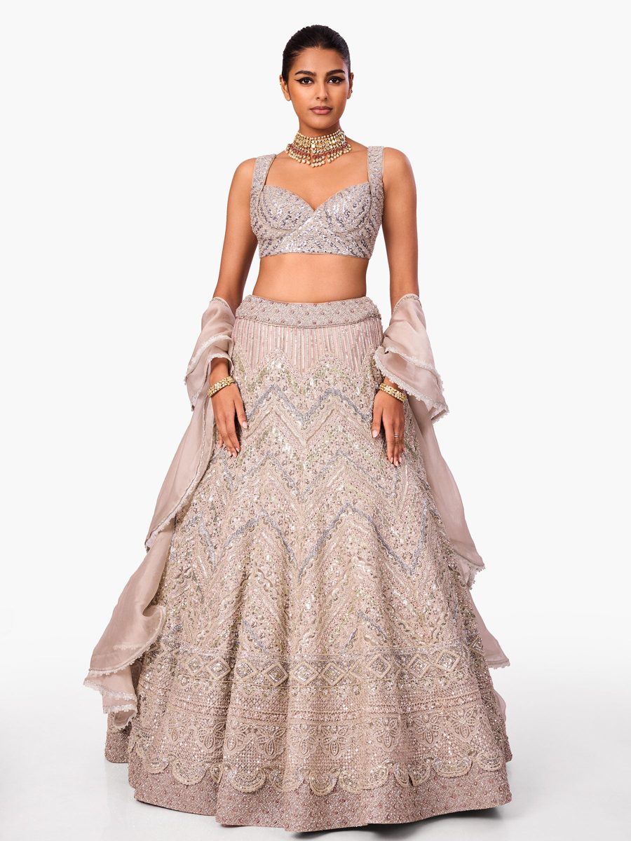 A blush lehenga worked all over in pale thread embroidery